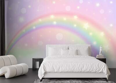 Holographic fantasy rainbow unicorn background with clouds. Pastel color sky. Magical landscape, abstract fabulous pattern. Cute candy wallpaper. Vector. Wall mural