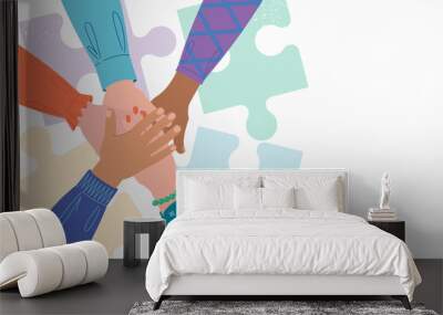 People putting their hands together. Unity and support gesture. Concept of support, teamwork and cooperation. Flat vector illustration. Wall mural