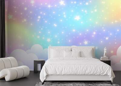 Rainbow unicorn pastel background with glitter stars. Pink cloudy fantasy sky. Cute holographic space. Fairy iridescent gradient backdrop. Vector Wall mural