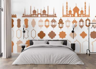 Ramadan Muslim vector shapes set. Islamic mosque window frames and lanterns silhouettes. Traditional arch template design for decoration. Oriental minimal elements. Wall mural