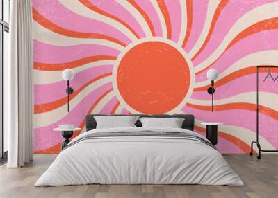 Retro summer sun background. Vector groovy sunshine wavy rays in vintage grunge design. 70s radial poster. Modern illustration. Wall mural