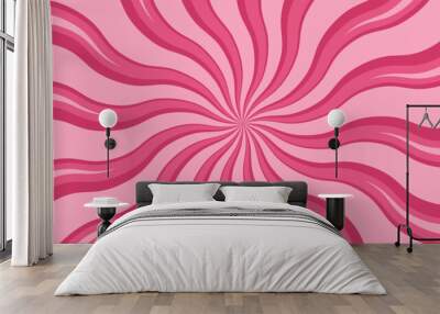 Spiral pink candy background with swirl pattern. Strawberry cream cartoon wallpaper. Sweets marshmallow and lollipop abstract twist backdrop. Vector sunburst psychedelic groovy stripes. Wall mural