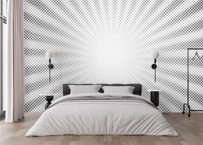 Sun rays halftone background. White and grey radial abstract comic pattern. Vector explosion abstract lines backdrop Wall mural