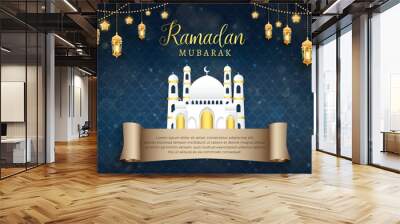 beautiful ramadan mubarak banner with beautiful luxury shiny islamic ornament and abstract gradient blue and golden background Wall mural