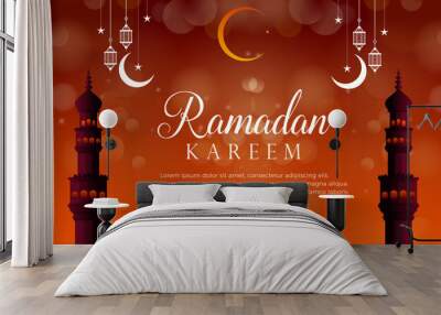 elegant ramadan kareem 2023 banner with beautiful mosque illustration luxury shiny islamic ornament and abstract gradient red and orange background design Wall mural