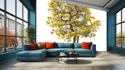 Trees and bonsai green leaves. The Ratchaphruek tree is blooming bright yellow. (Silver trumpet tree) Wall mural