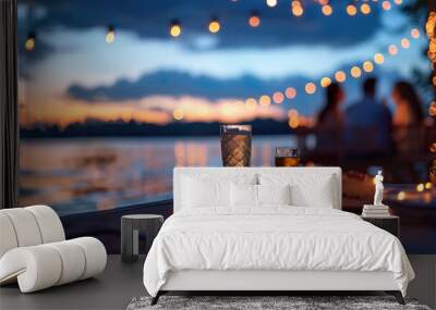 blurred romantic dinner with lights on the lake Wall mural