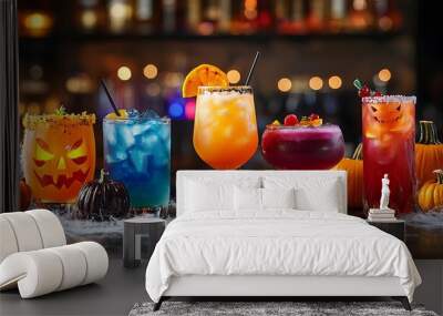 Colorful array of spooky-themed cocktails at a Halloween party setting. Wall mural