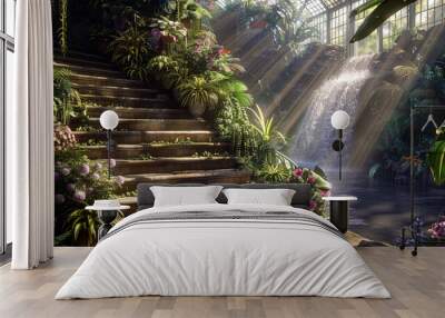 Vibrant staircase in a greenhouse, sunlit with exotic flora and a nearby waterfall. Wall mural