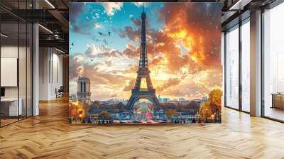 A beautiful Parisian cityscape with the Eiffel Tower in the center Wall mural