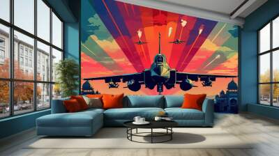 A colorful poster of a fighter jet flying through a rainbow Wall mural