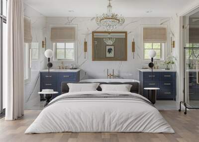 A modern farmhouse master bathroom with white marble Wall mural