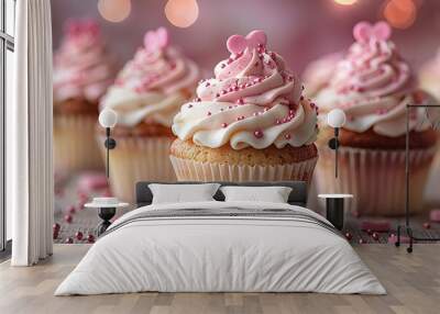 A row of pink cupcakes with hearts on top Wall mural