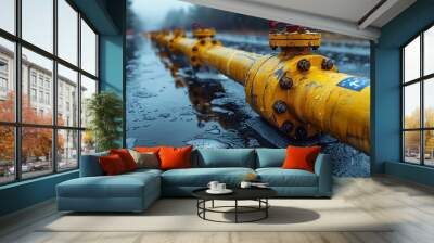 A yellow pipe with a blue sticker on it is sitting in a puddle of water Wall mural