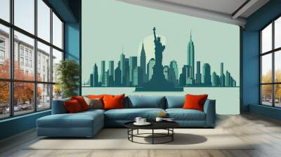 New York City skyline vector flat design, buildings and statue of liberty silhouette on light blue background Wall mural