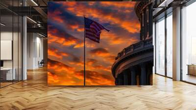 photo of the US Capitol Building with an American flag waving in front Wall mural