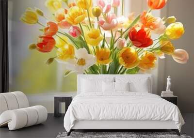 stock photo of spring flowers in a white vase on a window sill Wall mural