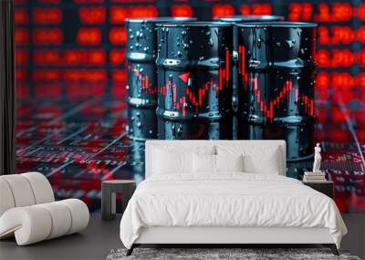 Three barrels of oil are on a table with a bunch of red numbers on a screen Wall mural