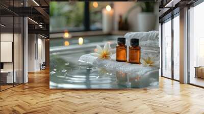 Two bottles of essential oils are on a towel next to a bathtub filled with water Wall mural