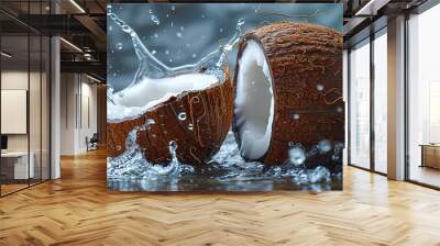 Two coconuts are in the water, one of which is open Wall mural