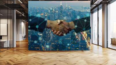 Two people shaking hands in a cityscape Wall mural