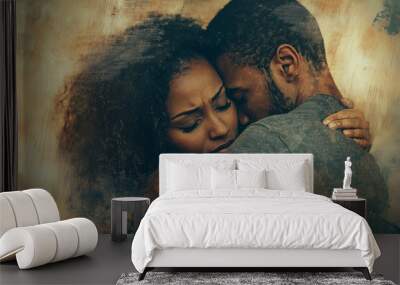 Two people in a tight, comforting embrace, with one resting their head on the other's shoulder. The scene radiates warmth, support, and reassurance, capturing a tender moment of emotional connection. Wall mural