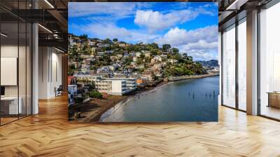 Idyllic view of the south end of Sausalito waterfront on a very clear sunny day with fluffy clouds and a few birds Wall mural