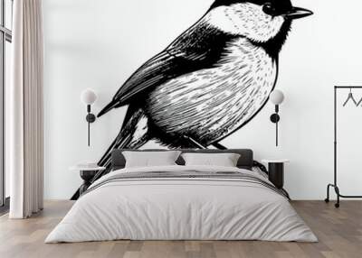 Black and white marsh tit bird perched illustration Wall mural