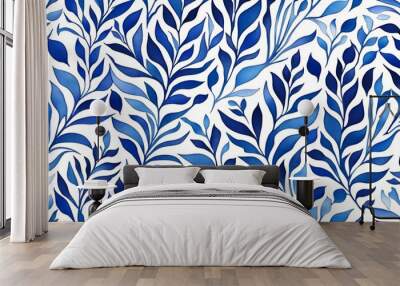 Blue and white plant watercolor pattern Wall mural