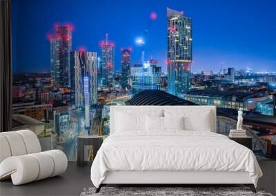 Manchester City Centre, England, United Kingdom at dawn with city lights and dark skies of this English city.  Wall mural