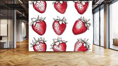 Collection set strawberries line art illustration, vignetting fruit drawing style design Wall mural