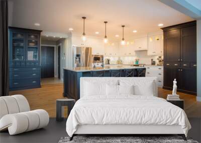 Custom kitchen with built in appliances, hard wood floors, and light and dark cabinetry Wall mural