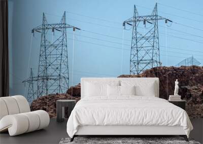 Panorama of transmission tower or electricity pylon and power lines isolated against blue sky Wall mural