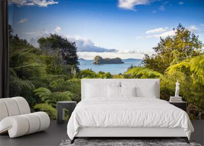 Overlooking the Pacific Ocean as the sun sets spectacularly over Cathedral Cove on the Coromandel Peninsula on the North Island of New Zealand near Auckland. Wall mural