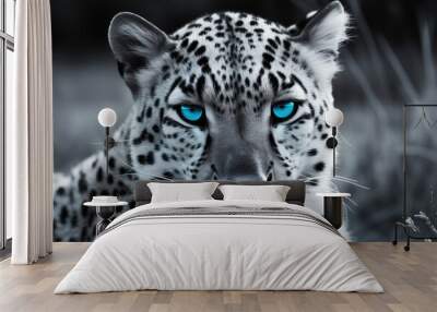 portrait of a black and white leopard with blue eyes- made with generative ai Wall mural