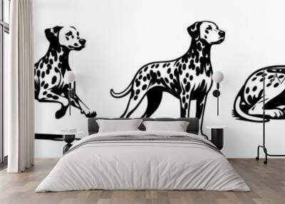 Set of Dalmatian vector silhouette illustration collection, black and white spotted dog breed clip art element design bundle Wall mural