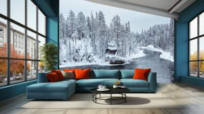 Winter in Finland; landscape in Oulanka National Park with the Kitkajoki river and snow covered boreal forest Wall mural