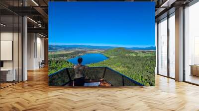 Woman at Kitzelberg with aerial view of lake Klopein nestled amidst lush green forest in Carinthia, Austria. Crystal-clear water reflects vibrant blue sky. Rolling hills and mountains in Austrian Alps Wall mural