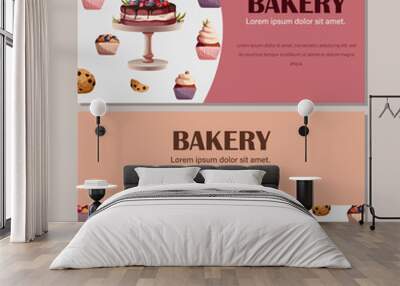 Set of templates flyers for bakeries, confectioners, posters, banners, cafe, shops. Vector illustration of two flyers with pastry on white and copy-space on pink. Isolated on neutral background. Wall mural