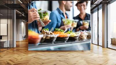 A group of individuals are serving themselves various fresh salads from a well-stocked salad bar during a lunch break - Generative AI Wall mural