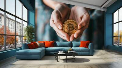 A person stands with open hands gently cradling a shiny Bitcoin token, symbolizing cryptocurrency investment and the digital economy - Generative AI Wall mural