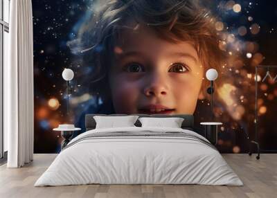 Fantasy portrait of a cute child with fairy lights - generative AI, AI generated Wall mural