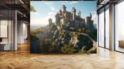 Majestic castle perched on a rocky outcrop - Generative AI, AI generated Wall mural