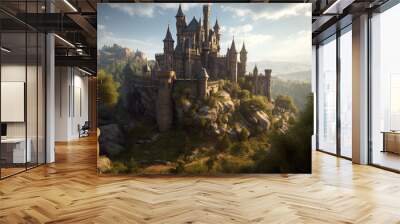 Majestic castle perched on a rocky outcrop - Generative AI, AI generated Wall mural