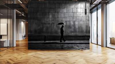 man under the rain with an umbrella in a dark street - generative AI Wall mural