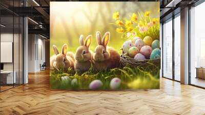 Three adorable rabbits in a meadow next to a wicker basket filled with Easter eggs - Generative AI Wall mural