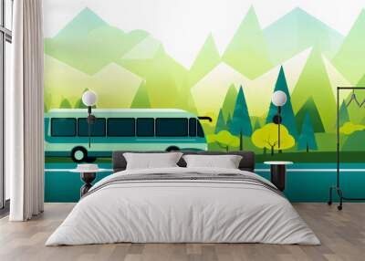 Travel by bus on a flat background with a tree landscape - green energy concept - Generative AI Wall mural