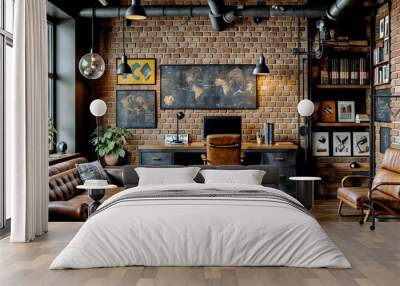 well-appointed industrial home office featuring a large wooden desk, exposed brick walls, and mid-century modern furniture, conveying a warm industrial aesthetic - Generative AI Wall mural