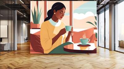 girl having a cup of tea in the cafe. Wall mural