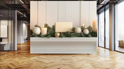 Christmas mantel decorated with candles, ornaments, pine branches, and a blank card, creating a cozy and festive holiday display Wall mural